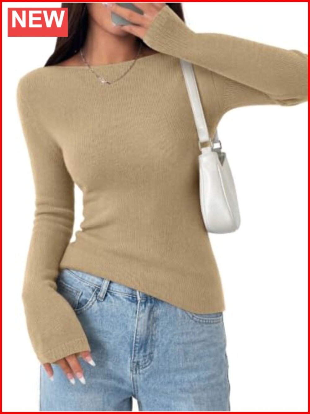 Womens Long Sleeve Boat Neck Sweater Acrylic Pullover Top Casual